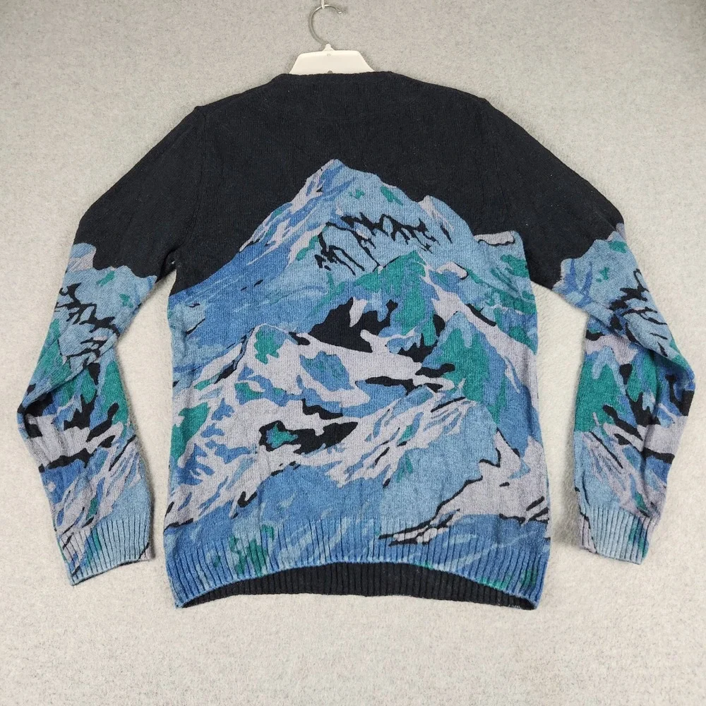 H&M L.O.G.G. Sweater Men's Small Blue Black Mountain Graphic Tight Knit Pullover